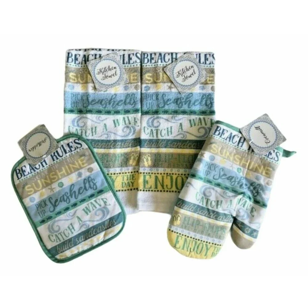 Beach Rules Kitchen Dish Towels Oven Mitt Potholder Set of 4 Beach Summer House